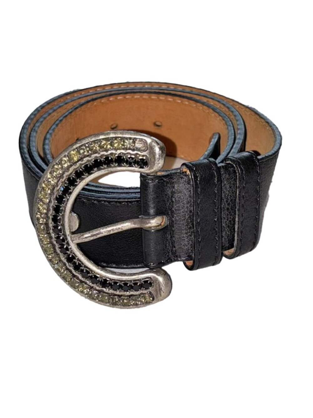 Francesco Bojola Black Leather Belt with Silver & Black Rhinestone Buckle